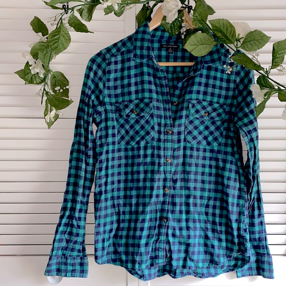 Navy Blue & Teal Plaid Flannel